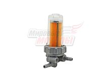 Кран топливный с пластиковым стаканом (с креплением на картер, штуцеры сбоку) R180