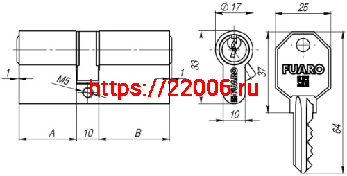 Цилиндровый Fuaro (Фуаро) механизм 100 CA 80 mm (35+10+35) CP хром 3 кл. фото 2