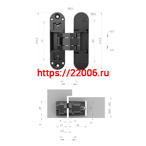 Петля Armadillo (Армадилло) скрытой установки U3D6002.TG BL черный фото 2 Петля Armadillo (Армадилло) скрытой установки U3D6002.TG BL черный фото 2