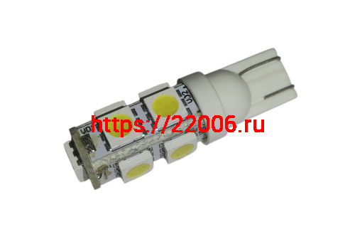 Лампа светодиодная (LED) 12V  T10  (W2,1х9,5d)  9SMD W5W чип 5050 белая