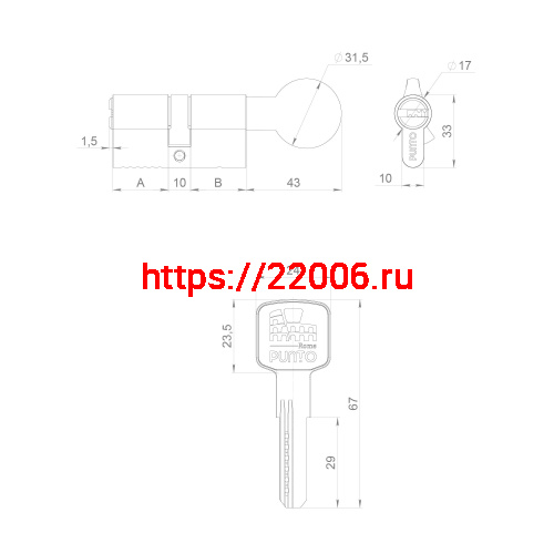 Цилиндровый Punto (Пунто) механизм Z3002Knob120(55+10+55) с вертушкой CP хром фото 3